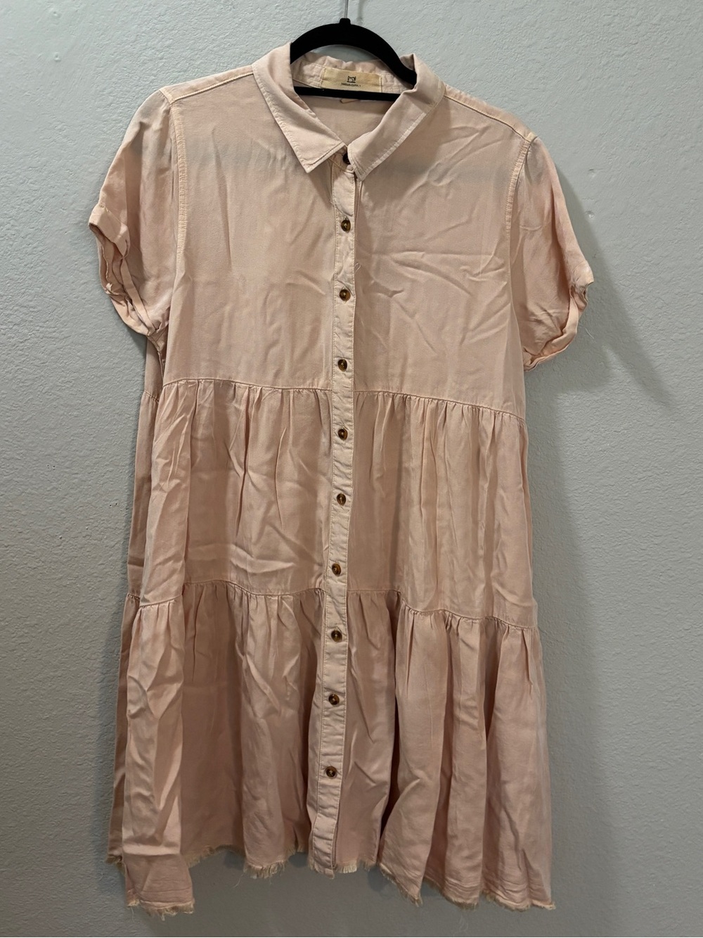 Thread & Supply Blush Pink Raw Hem Tiered Shirt Dress Size Large